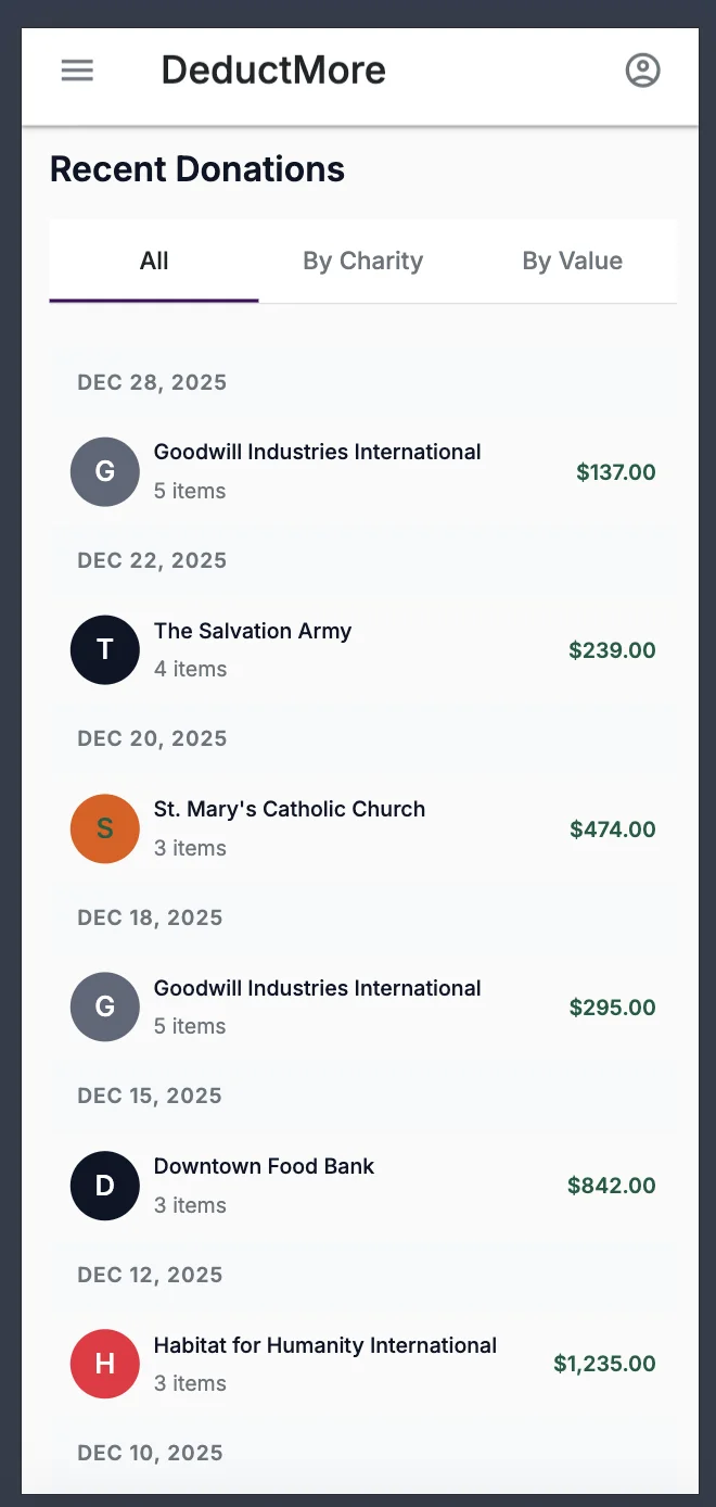 DeductMore donation entry screen